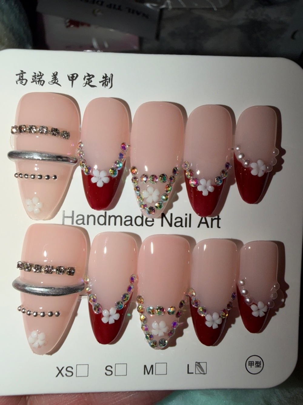 Handmade Pink & Red Floral Rhinestone Press-On Nails